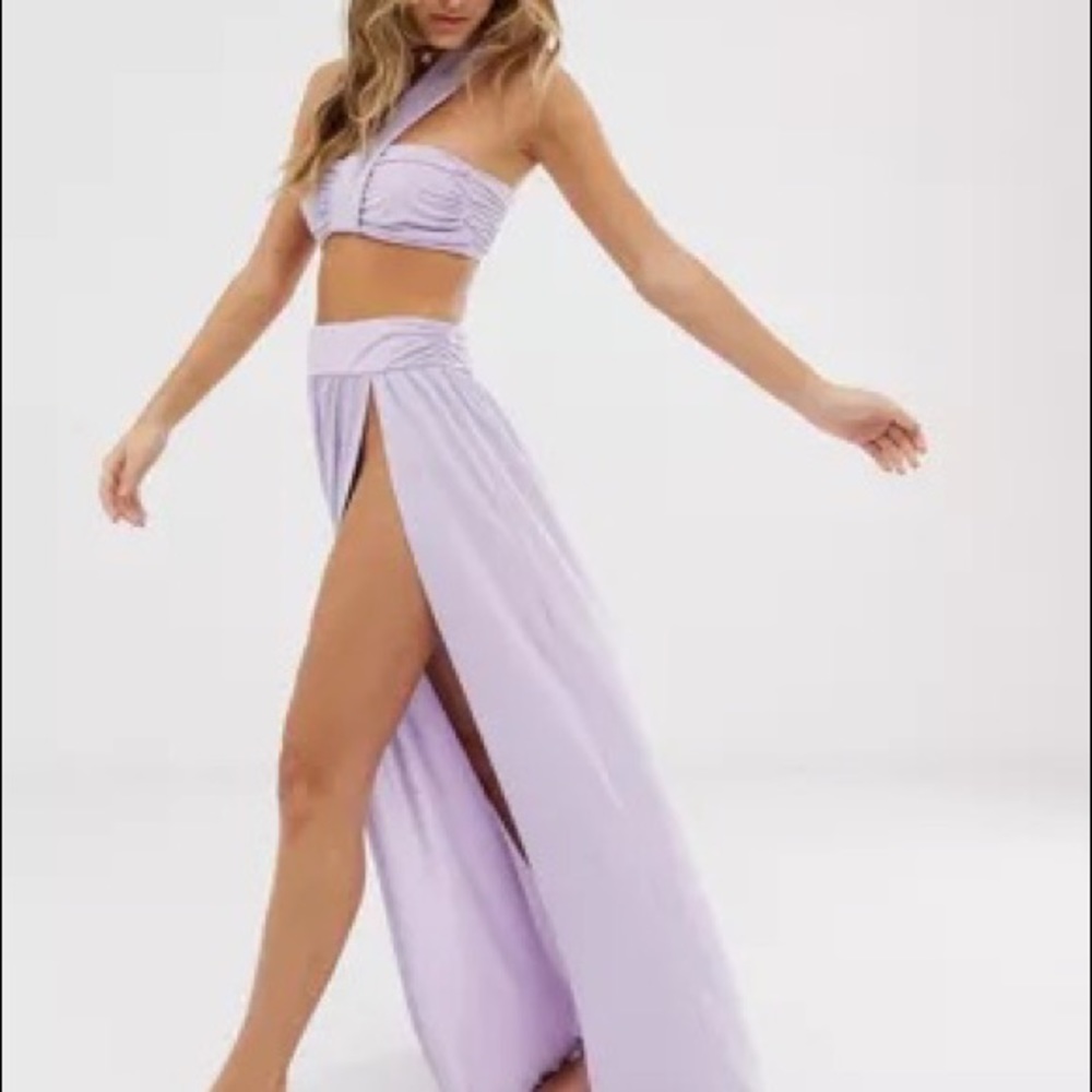 Asos Design Icey Lilac drape front maxi beach skirt with matching top.
